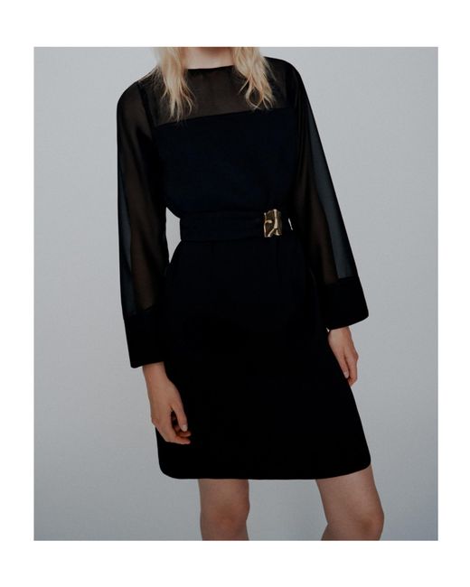 Marella Black Envers Satin And Georgette Belted Dress