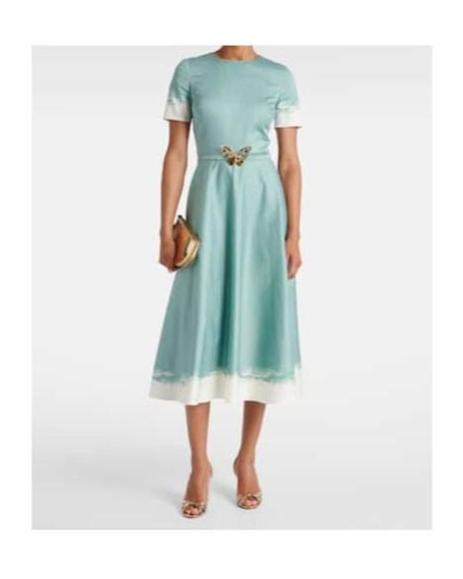 Oscar de la Renta Blue Embellished Cotton-Blend Poplin Midi Dress