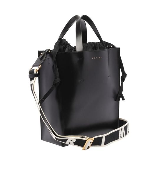 Marni Black Logo Printed Drawstring Tote Bag