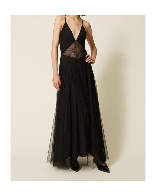 Twinset Black Long Sheer Lace Dress