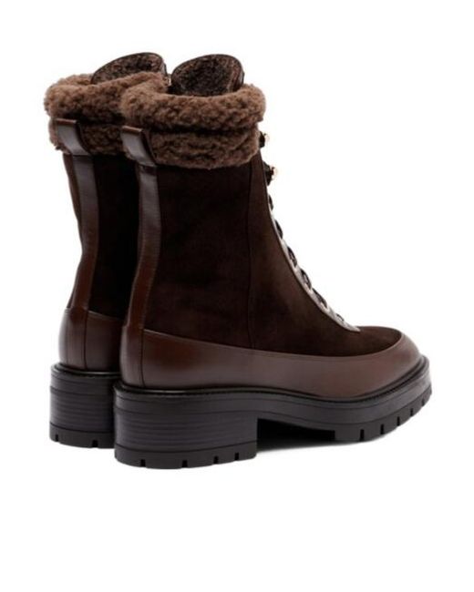 Aquazzura Brown Shearling-Trimmed Suede Lace-Up Boots