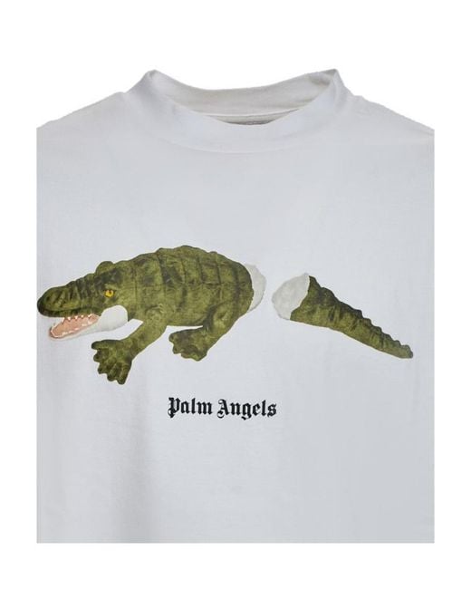 Palm Angels Gray Crocodile-Print Cotton T-Shirt for men