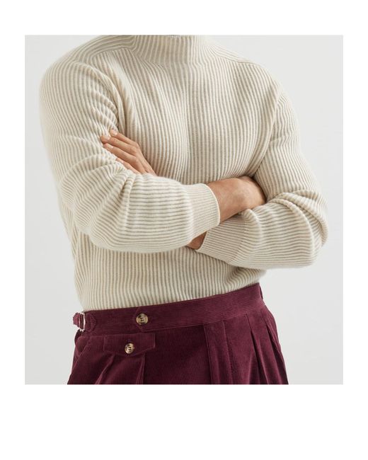 Brunello Cucinelli White Ribbed Mock-Neck Knitted Jumper for men