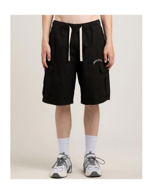 Palm Angels Black Curved Logo Loose Cargo Shorts for men