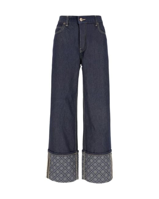 Tory Burch Blue T Monogram Contrast-Cuff Jeans