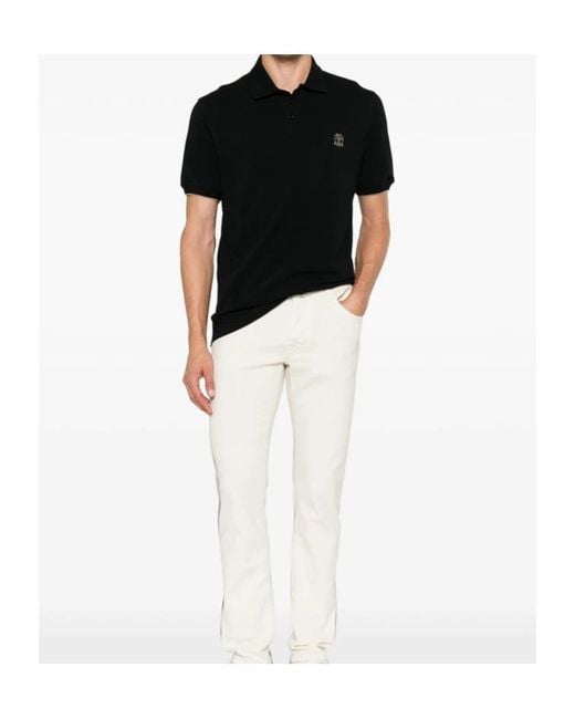 Brunello Cucinelli Black Logo Embroidered Short Sleeved Polo Shirt for men