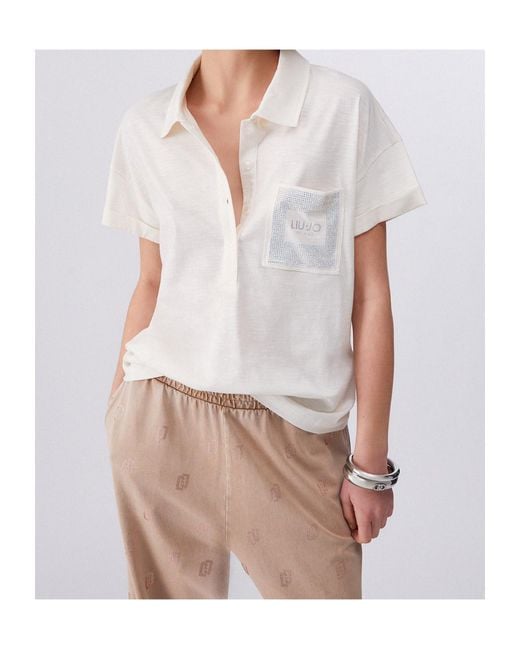 Liu Jo White Crystal-Pocket Polo Top