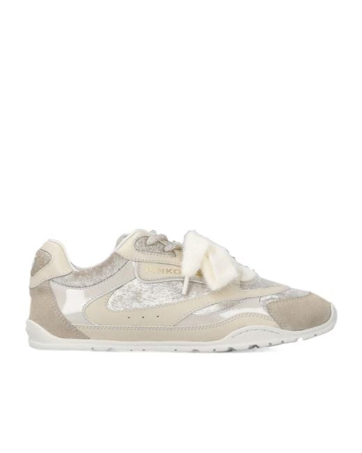 Pinko White Panelled Shearling-Trim Sneakers