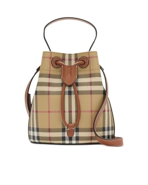 Burberry Natural Check Printed Drawstring Bucket Bag