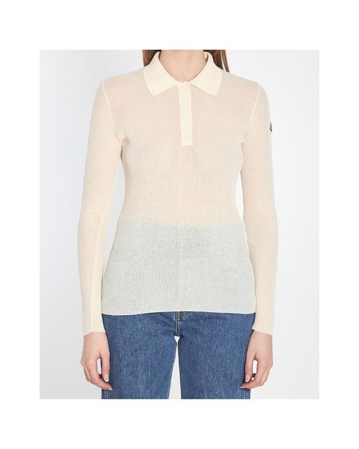Moncler Natural Long-Sleeved Fine Ribbed Polo Top