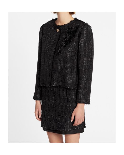 Lanvin Black Appliqué-Detail Fringed Tweed Jacket