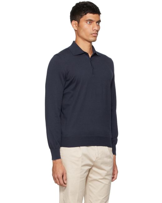 Brunello Cucinelli Blue Long-Sleeved Knitted Polo Shirt for men