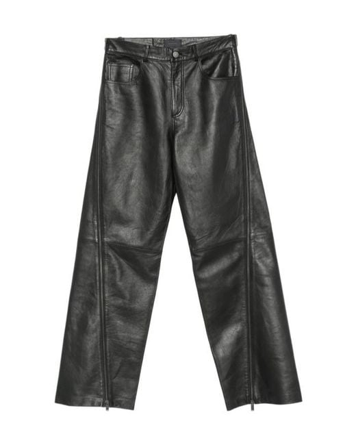 Haikure Gray Belt-Loops Leather Trousers