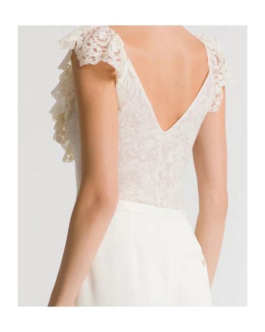 Alberta Ferretti White Wool Lace Bodysuit With Frilled Sleeves