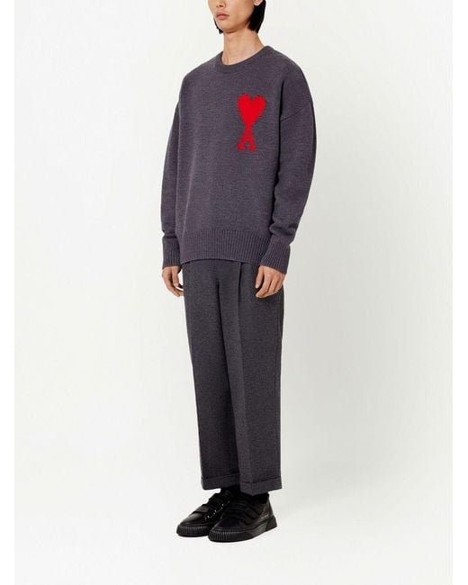 AMI Gray Ami De Coeur Crewneck Knitted Jumper for men