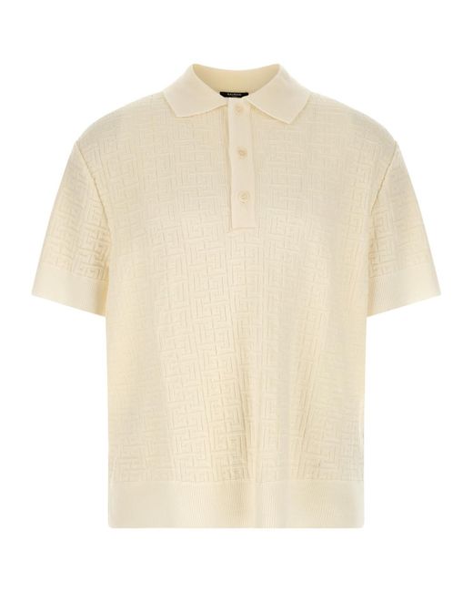 Balmain White Monogram Knit Polo Shirt for men