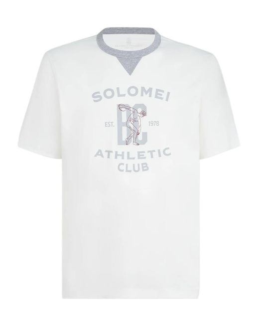 Brunello Cucinelli White Graphic Printed Crewneck T-Shirt for men