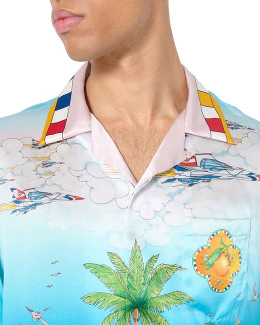 Casablanca Blue Cuban-Collar Silk Shirt for men