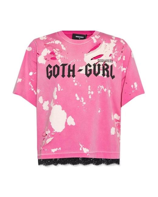 DSquared² Pink Lace Hem Distressed T-Shirt