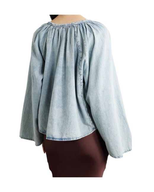 FRAME Blue Gathered Chambray Blouse