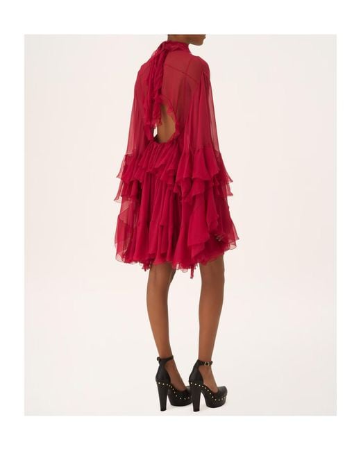 Chloé Red Chloé Sheer Detailed Ruffled Dress