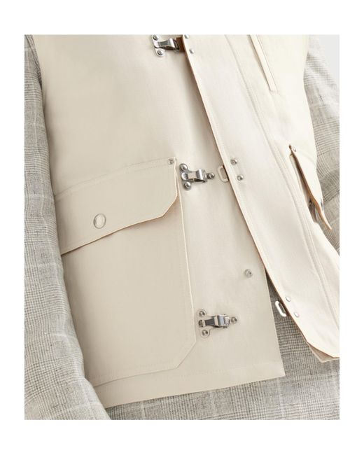 Brunello Cucinelli White Cotton And Linen Canvas Vest With Suede Inserts And Hook Fastening for men