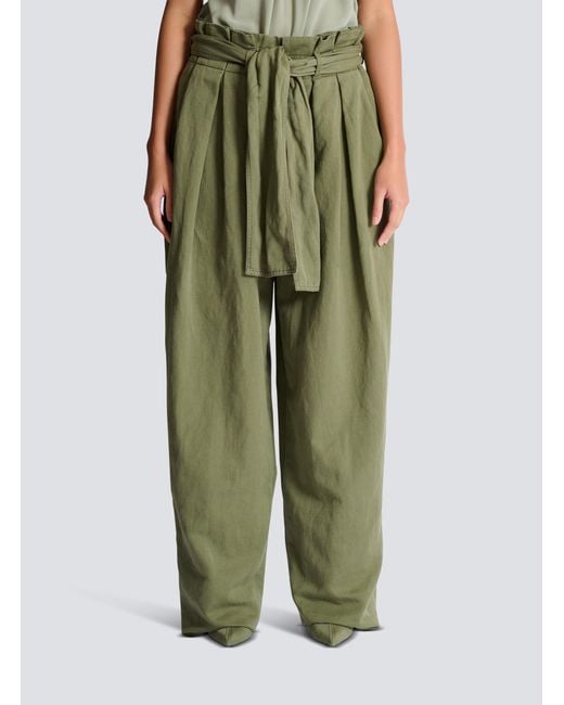 Balmain Green High-Waist Belted Wide-Leg Pants