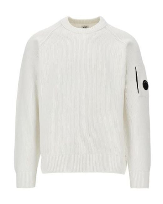 C P Company White Lens-Detail Ribbed-Knit Sweater for men