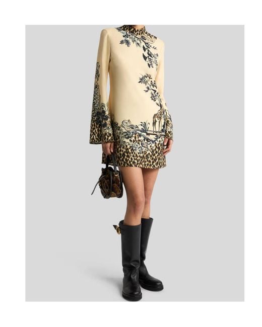 Etro Natural Envers Satin Mini Dress With Front Print And Leopard Motif