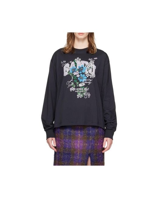 Ganni Black Basic Cotton Long Sleeve T-Shirt With Flower Print