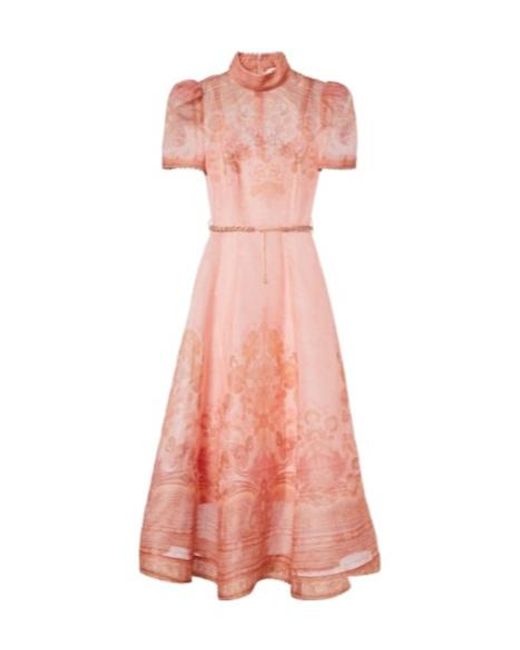 Zimmermann Pink Belted Paisley Linen And Silk Midi Dress