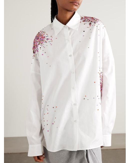 Dries Van Noten White Oversized Embellished Cotton Oxford Shirt
