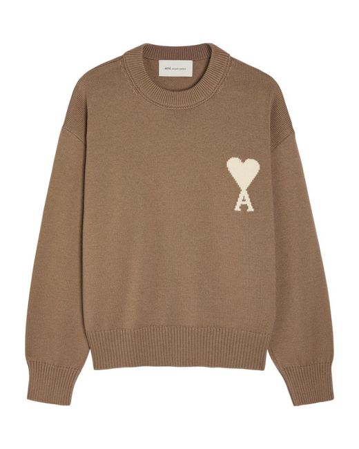 AMI Brown Logo-Intarsia Wool And Cotton-Blend Jumper for men