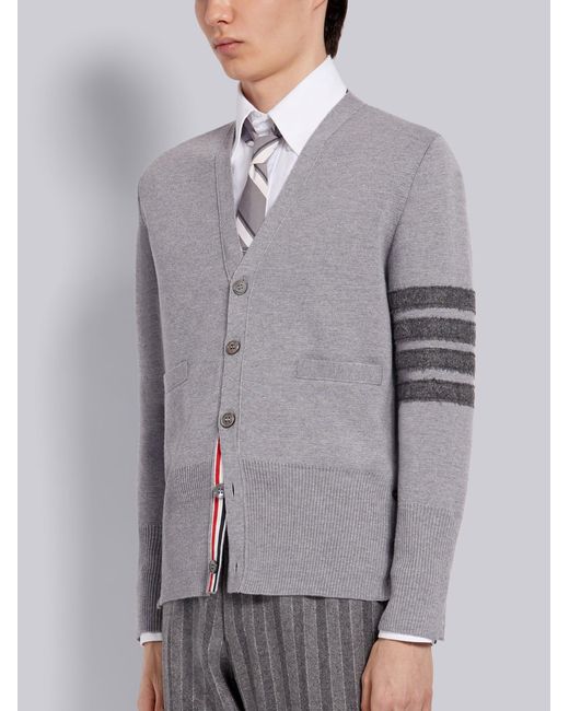 Thom Browne Gray 4-Bar V-Neck Shetland Wool Cardigan for men