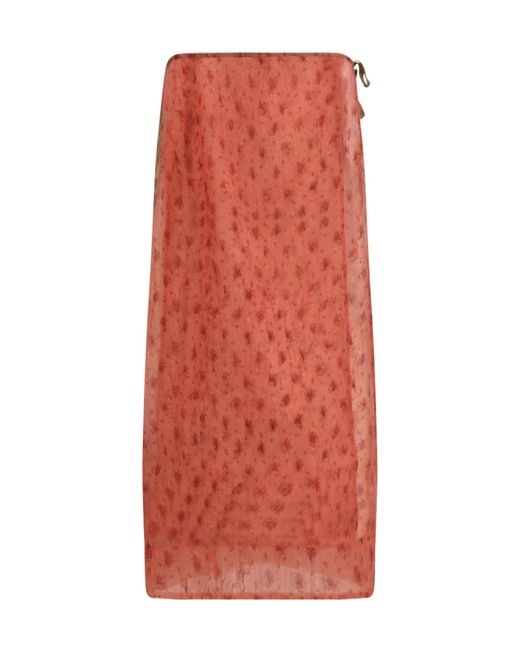 Ganni Red Printed Organza Wrap Skirt