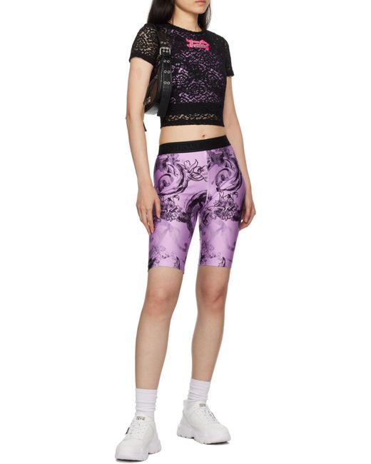 Versace Jeans Black Appliqué-Logo Floral-Lace T-Shirt