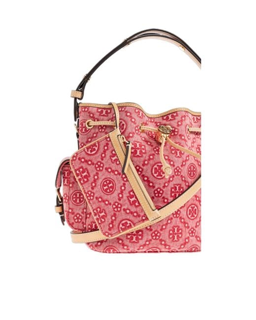 Tory Burch Pink T Monogram Denim Bucket Bag
