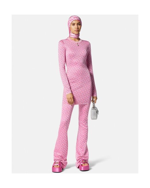 Versace Pink La Greca Pattern High-Waist Flared Pants