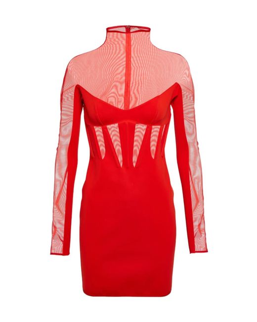 Mugler Red Sheer Ruffle Mini Dress