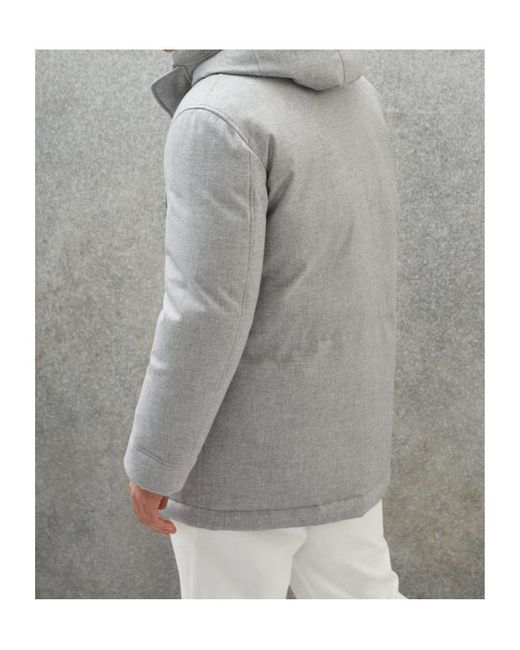 Brunello Cucinelli Gray Padded Hooded Mid-Length Jacket for men