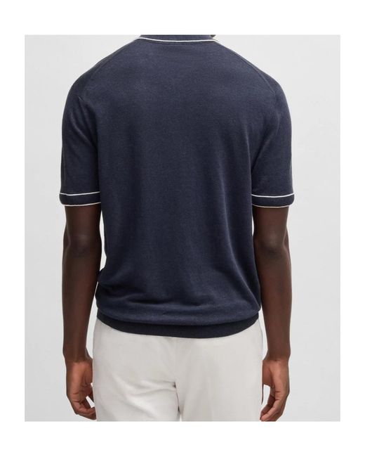 Boss Blue Half-Zip Linen Polo Shirt for men