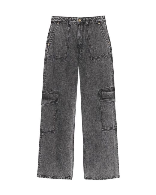 Ganni Gray Logo Patch Wide Leg Cargo Jeans
