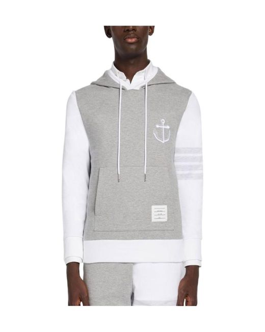 Thom Browne White Anchor Embroidered Drawstring Hoodie for men