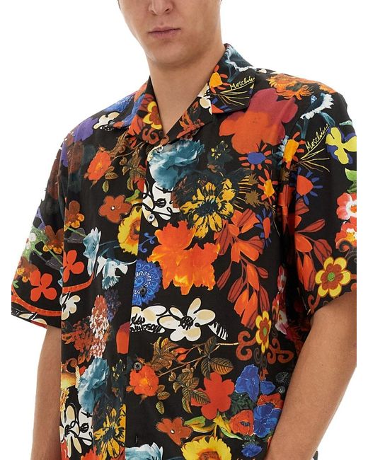 Moschino Black Floral Pattern Short-Sleeved Shirt for men