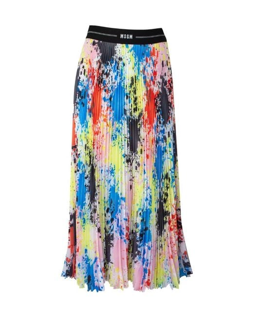 MSGM Blue Splatter-Print Pleated Midi Skirt