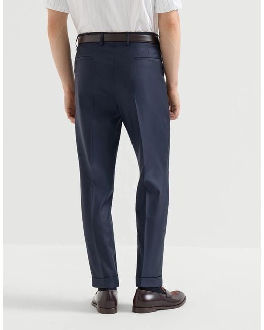 Brunello Cucinelli Blue Super 150S Virgin Wool Four Season Batavia Trousers With Pleat for men