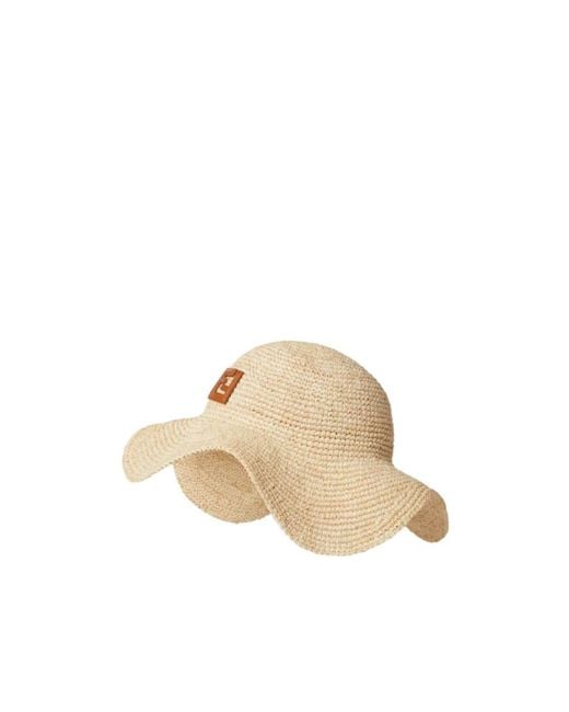 Fendi Natural Ff Patch Wide-Brimmed Woven Hat
