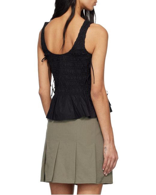 Ganni Black Cotton Smock Tie Top