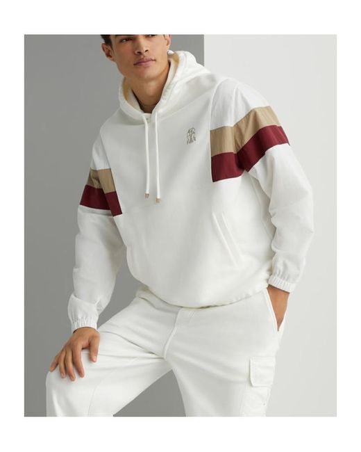 Brunello Cucinelli White Panelled Logo-Printed Drawstring Hoodie for men