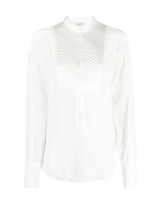Brunello Cucinelli White Long-Sleeve Blouse